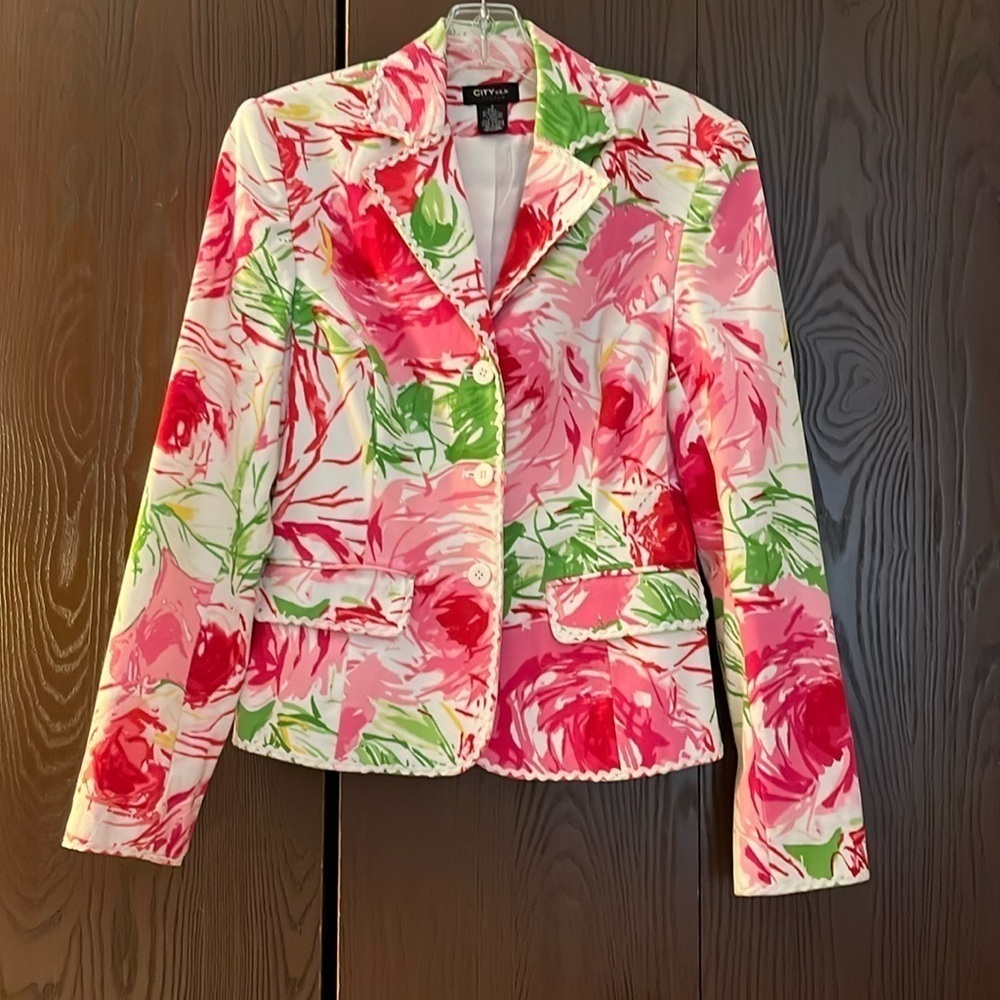 City Silk stretch jacket, white with bright pink and green floral pattern. 4